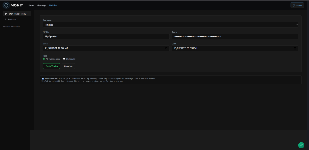 Screen capture gunbot monit utility page: trading history